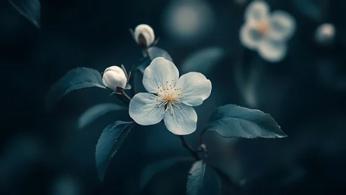 Delicate Cherry Blossom with Pistils and Buds in Soft Focus Teal Setting.