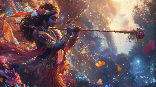 Flute-borne moonlit deity drifting through jeweled forest sky.