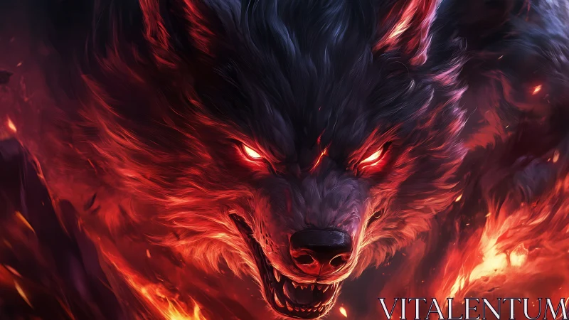 Demonic wolf head with glowing red eyes over firestorm