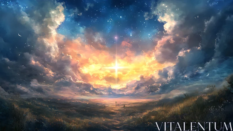 Luminous cross-shaped zenith over stratified twilight horizon.