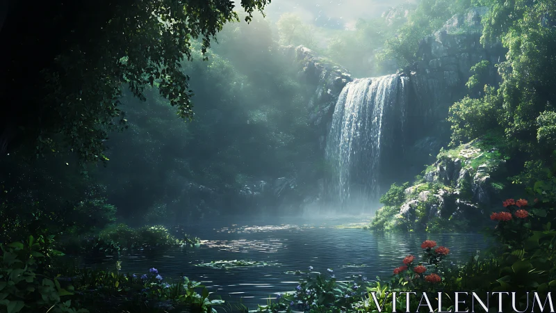 Spectral backlit waterfall cascades into misted forest lagoon