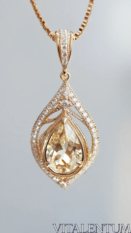 Gold teardrop pendant with central gemstone and diamonds.