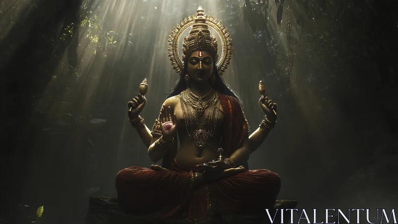 Radiant multi-armed goddess sculpture glows in jungle chiaroscuro