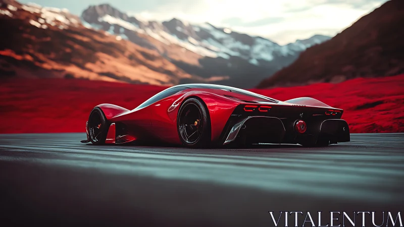 Scarlet hypercar slices through a surreal alpine highway at dusk