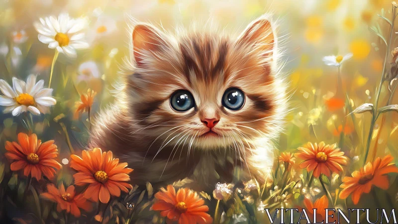 Fluffy Kitten in a Sunlit Wildflower Garden.