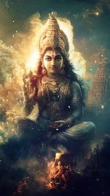 Divine goddess in luminous temple cosmos, richly adorned.