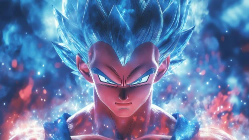 Blue-haired anime warrior channels blazing cosmic power.