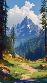 Mountain trail leads through sunlit forest toward snowy peak