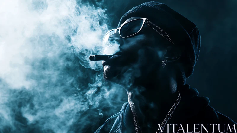 Smoky portrait of man in sunglasses with cigar at night.