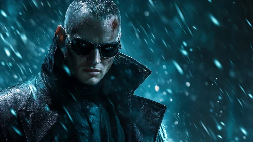 Storm-lit vigilante stares down the neon-charged night