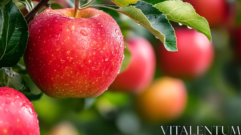 Macro close-up of dewy ripe red apple on tree branch outdoors