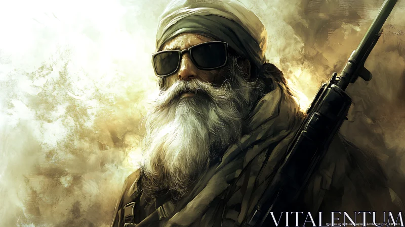 Bearded man in turban with rifle and sunglasses portrait.