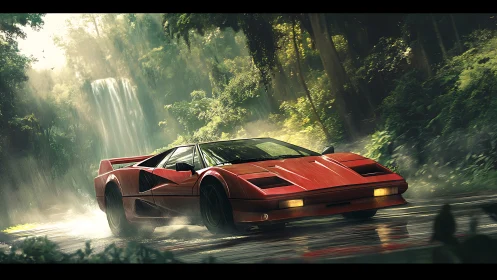 Red supercar drifts through misty rainforest cascade light.
