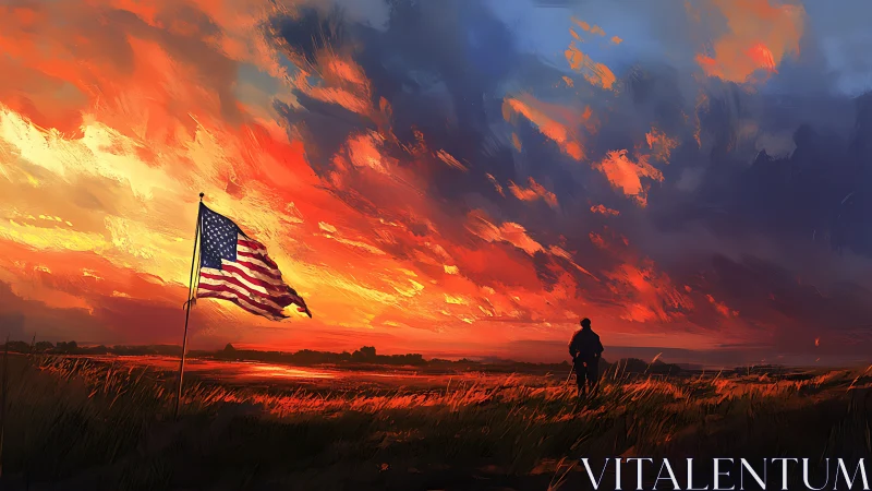 Flag of firelight over a lone watcher in storm-bright dusk.