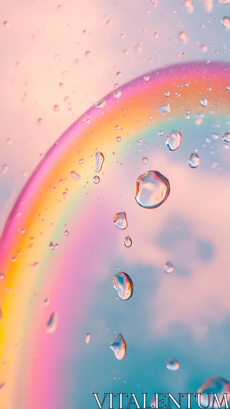 Macro water droplets intersect a pastel atmospheric rainbow