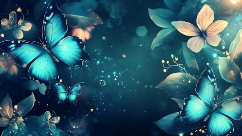 Luminous blue butterflies glide gently through a dreamy garden