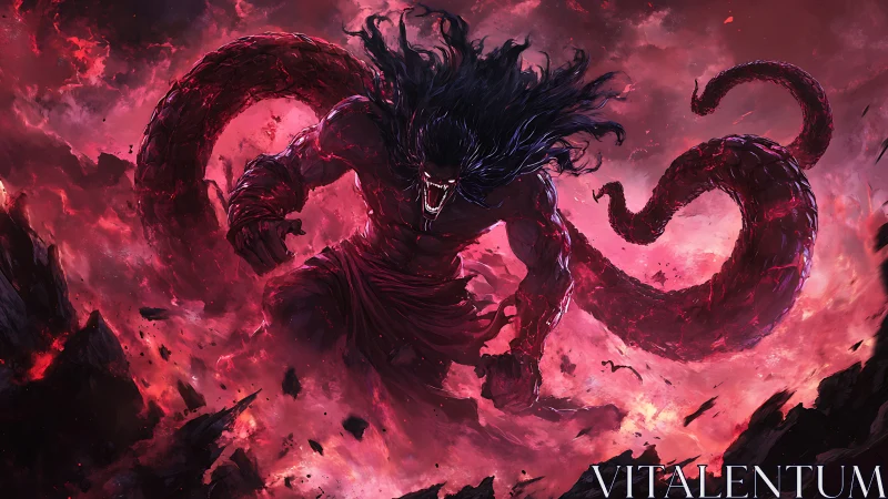 Demonic titan with tentacles in apocalyptic inferno scene.