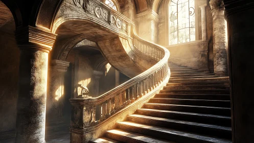Sunlit stone staircase in weathered classical interior hall.