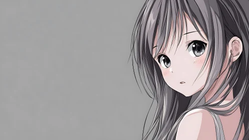 Soft gray daydream with a gentle anime girl’s shy gaze.