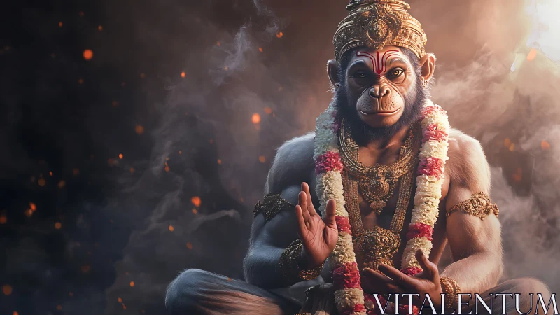 Divine monkey sage glows amid embers and swirling incense.