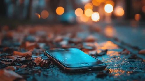 Lost smartphone glows on autumn street at blue hour.