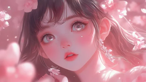Pink toned anime portrait of girl with floral elements.