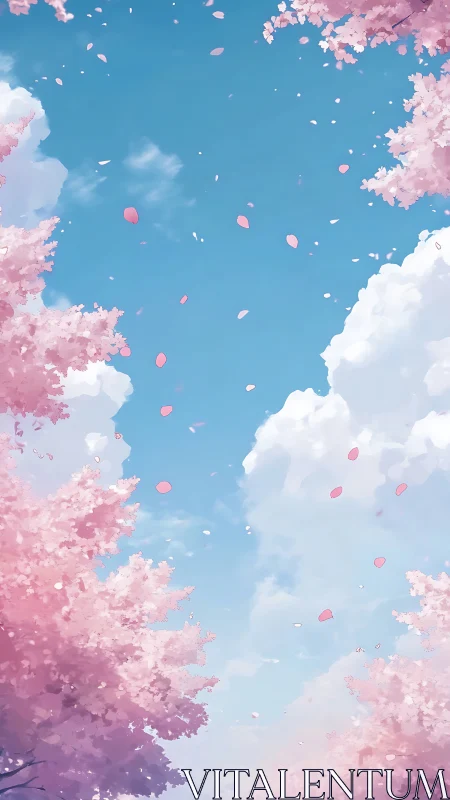 Cherry blossom canopy framing bright blue spring sky.