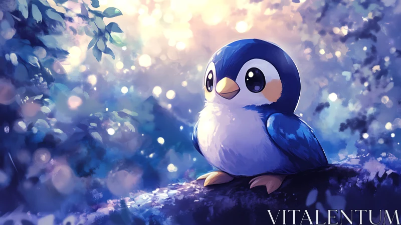 Cute Blue Cartoon Bird in Enchanted Forest, Soft Pastel Illustration.