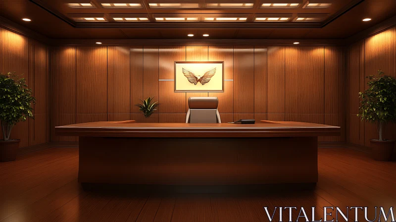 Warm executive office with glowing wood and quiet power.