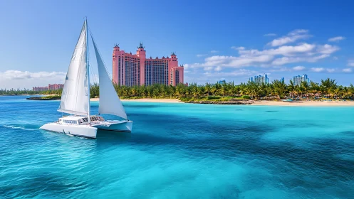 Catamaran sails in turquoise water near beachfront resort