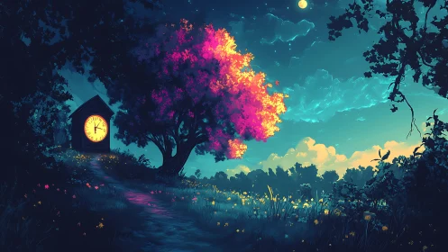 Clock cabin beside luminous tree in night meadow landscape.