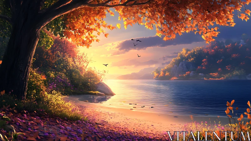 Golden autumn shoreline glows softly in the evening light