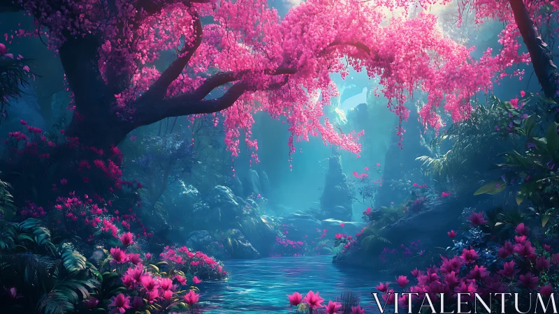 Enchanted pink blossom grove embracing a tranquil blue river.
