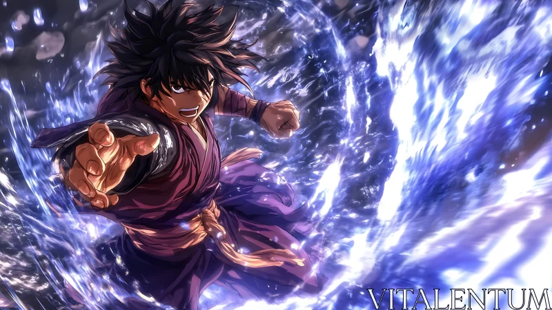 Water-wielding anime warrior lunges through spiraling torrent.