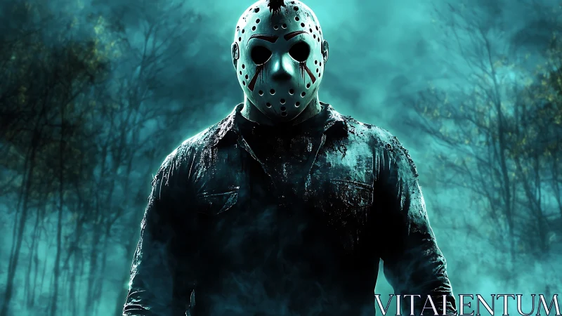 Masked figure in forest clearing with dense fog at night.