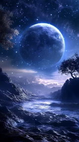 Night landscape with large moon over rocky water surface.