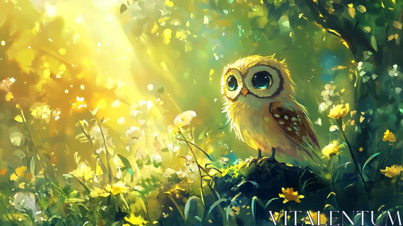 Adorable baby owl in a magical sunlit forest, digital painting.