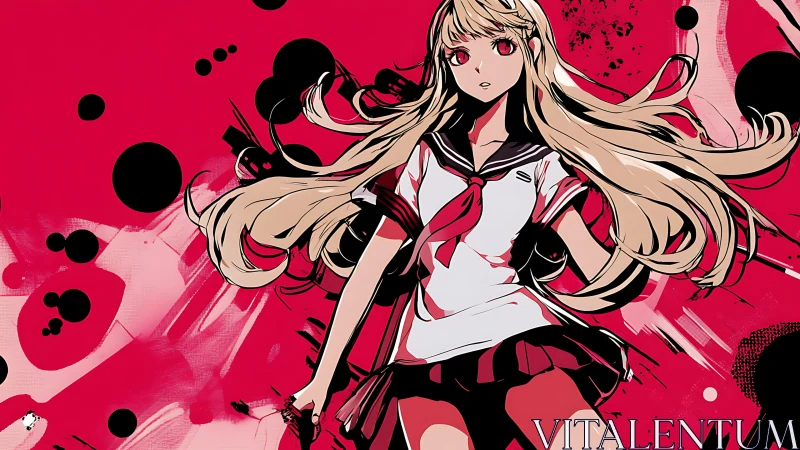Dynamic anime schoolgirl against high-contrast graphic red field