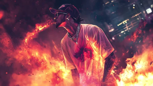 Urban fire-breathing performer in blazing neon inferno.