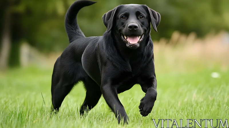 Playful black Labrador running across sunlit green field.