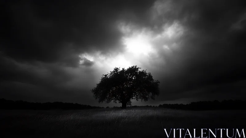 Lone storm-watcher tree drinking moonlit grayscale sky.