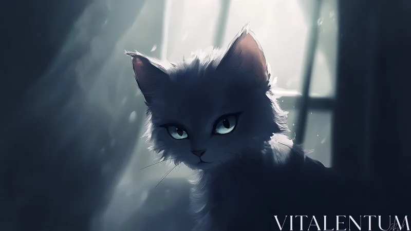 Moonlit white cat studies viewer through soft window glow.