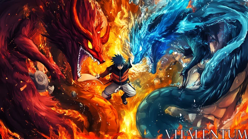 Anime elemental clash with fire demon and water dragon.