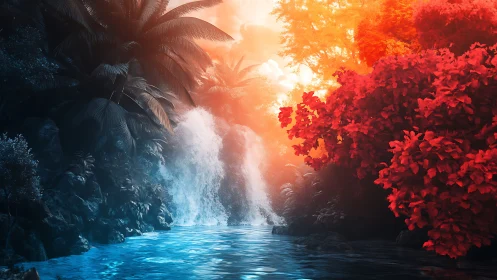 Bicolored jungle waterfall with neon foliage and misty light.