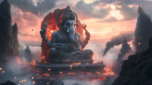 Elephant-headed stone deity amid burning temple ruins.
