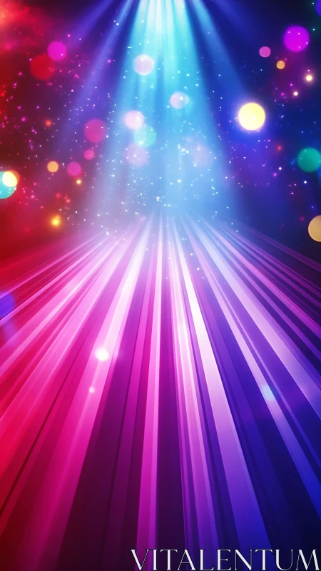 Neon comet runway under cosmic disco skylight.