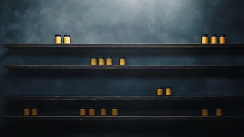 Minimalist dark wood shelves with evenly spaced amber jars