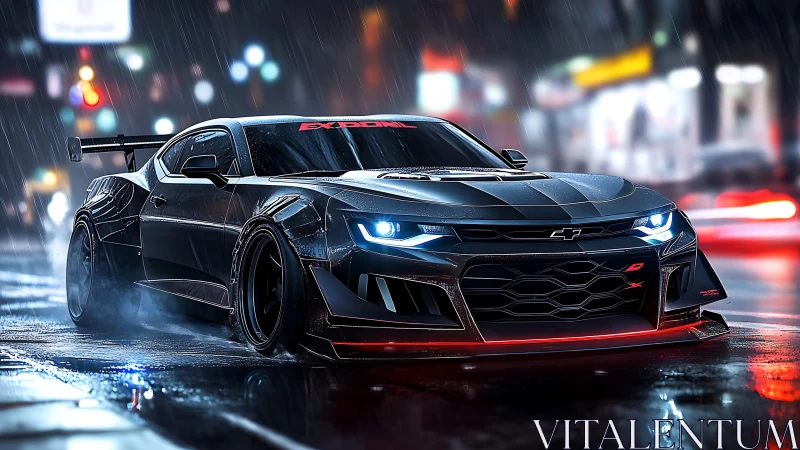 Modified black sports car idles on wet neon city street