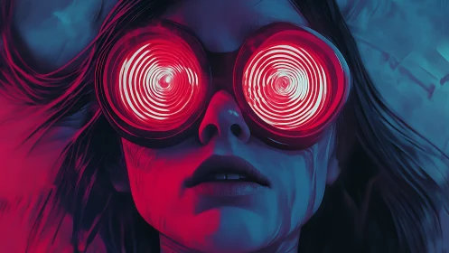 Neon spiral goggles ignite a trance-lit cyber dreamscape.