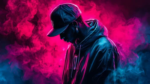 Moody neon portrait of hooded man in cap and smoke.